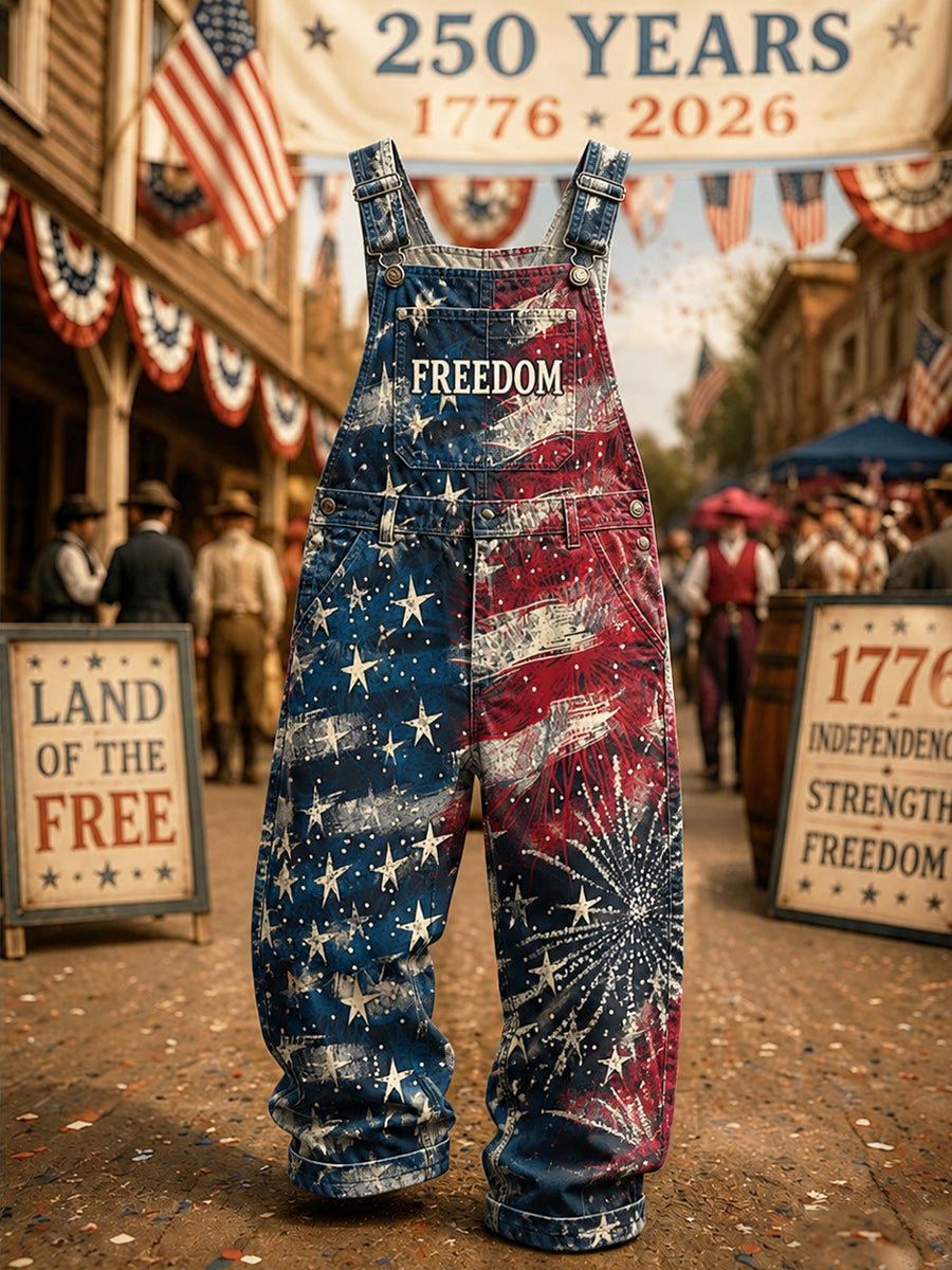 Men's Retro U.S A Freedom Print Vintage Casual Retro Denim Overalls