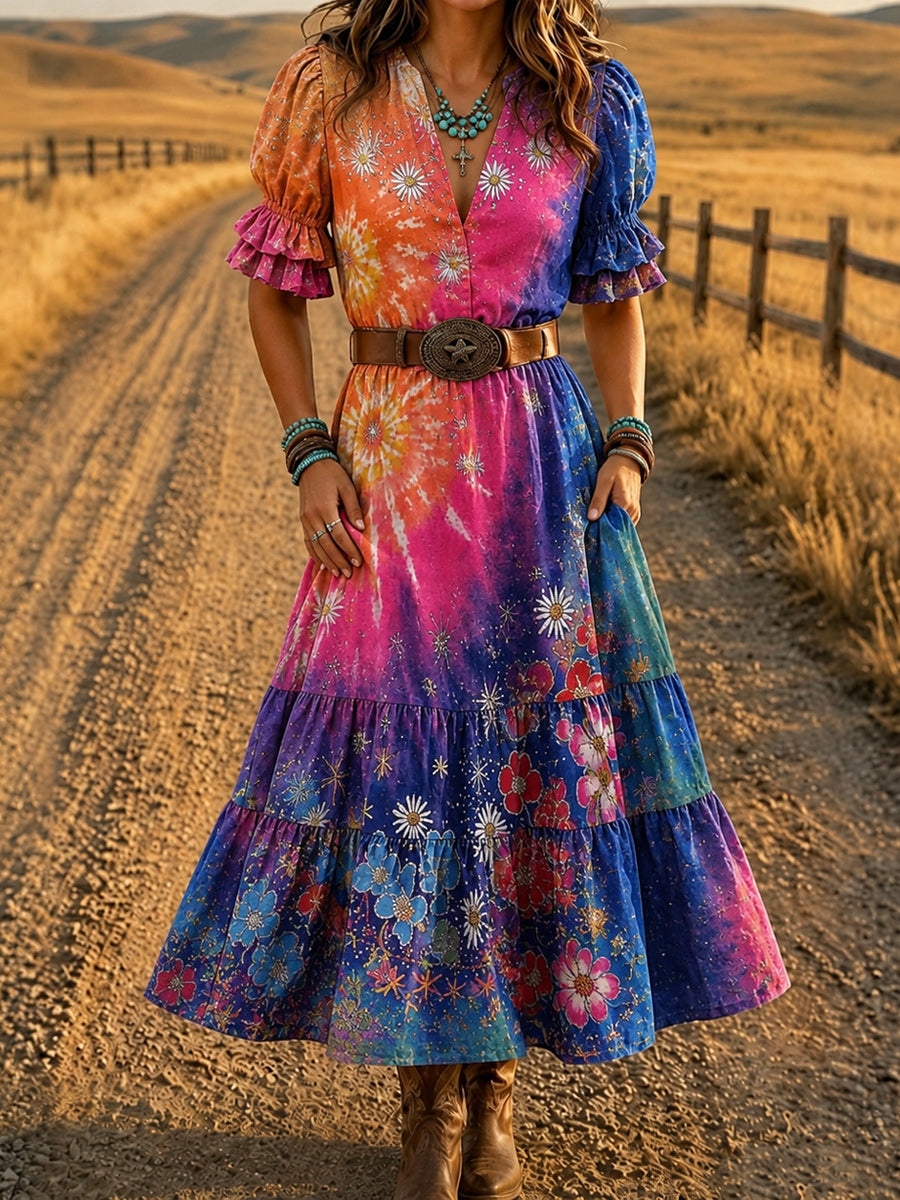 Women's Retro Art Print Washed Cotton Lace Patchwork Midi Dress