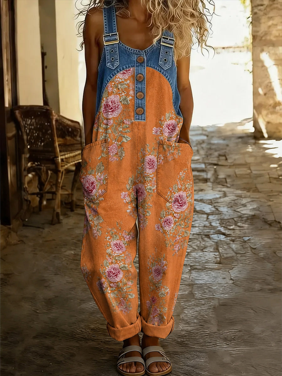 Women's Retro Style Art Print Washed Cotton Denim Patchwork Jumpsuit