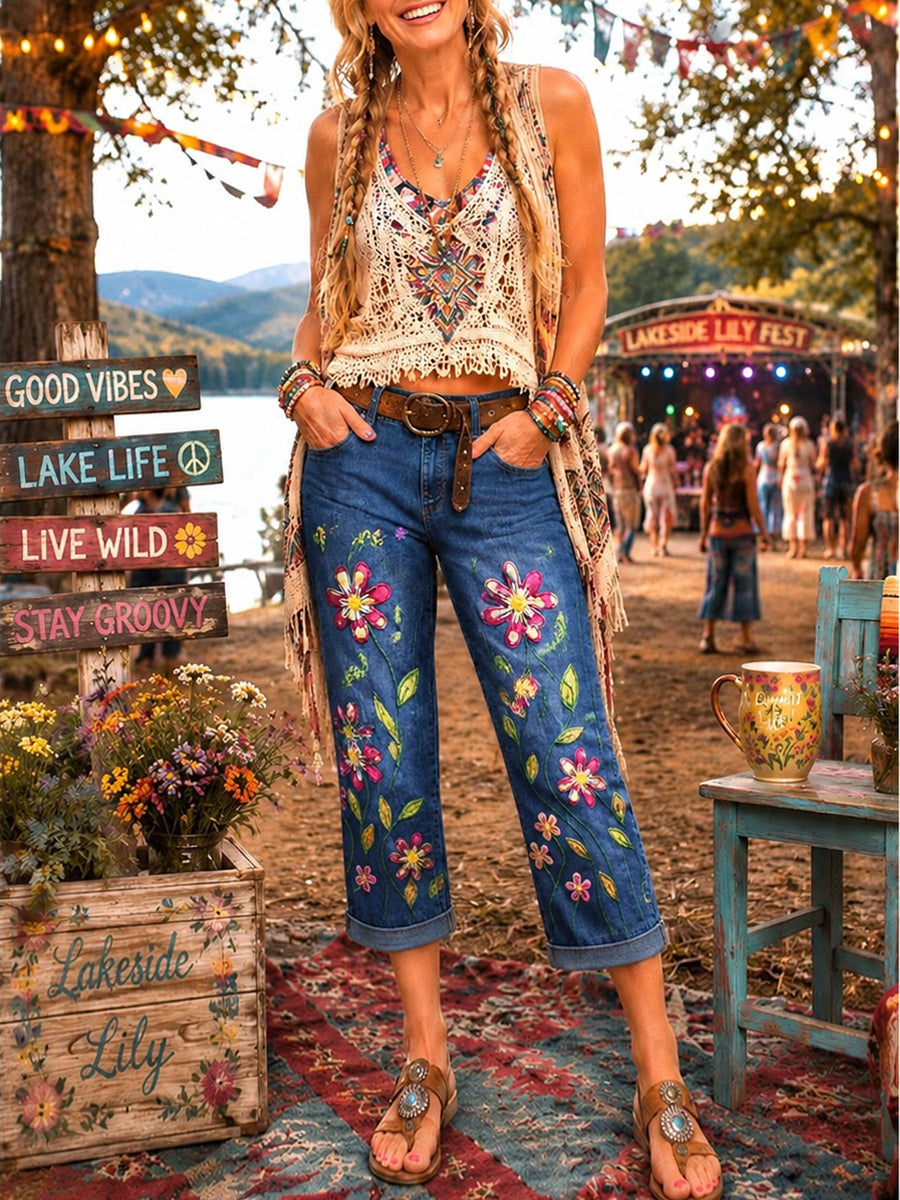 Retro Style Floral Art Print Vintage Casual Denim Shorts