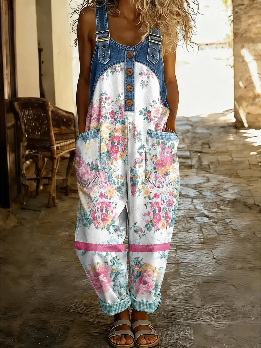 Women's Retro Style Art Print Washed Cotton Denim Patchwork Jumpsuit
