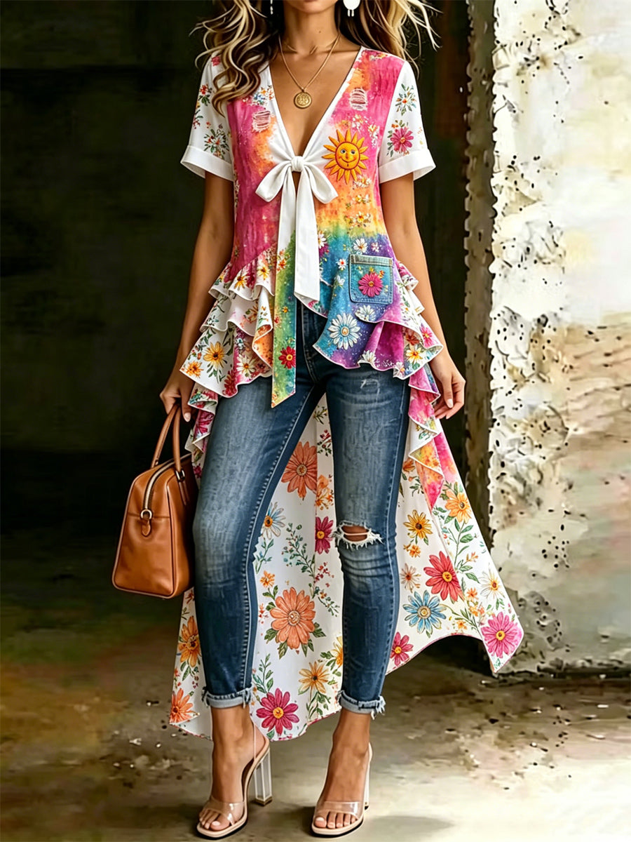 Retro Style Art Printed V-Neck Vintage Casual Irregular Short-Sleeved Top
