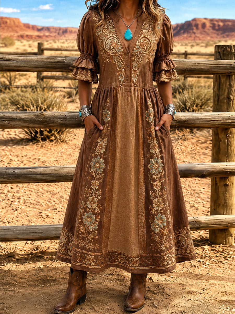 Women's Retro Art Print Washed Cotton Lace Patchwork Midi Dress