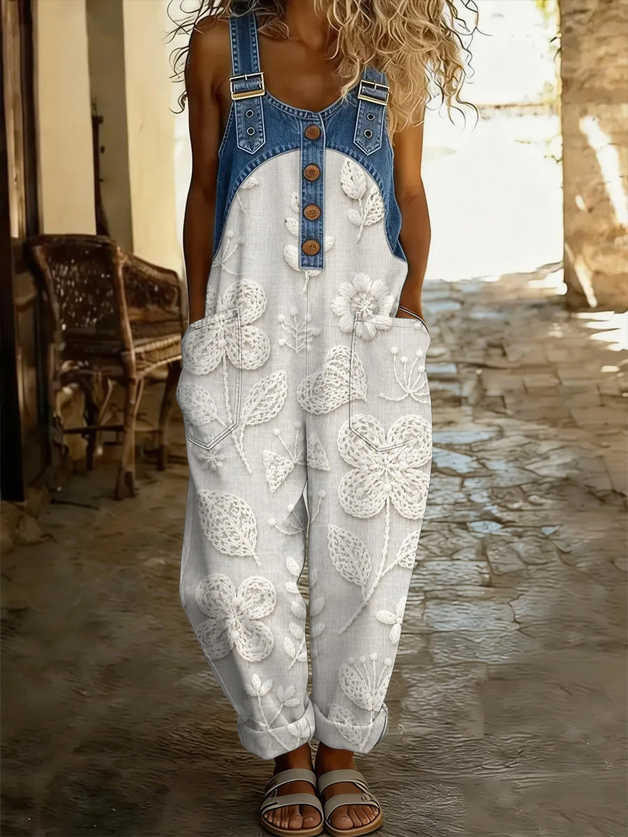 Women's Retro Style Print Washed Cotton Denim Patchwork Jumpsuit