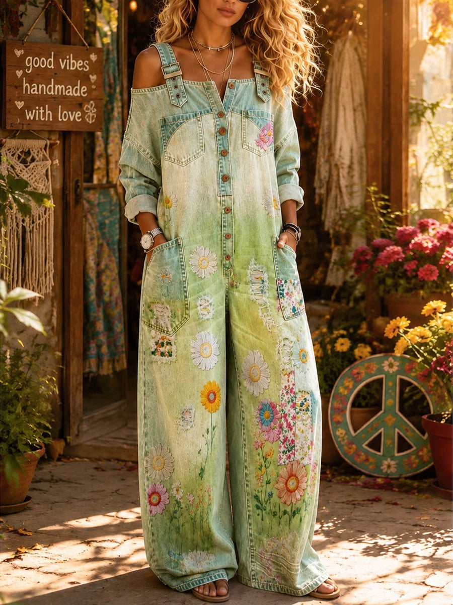 Women's Retro Style Art Print Washed Cotton Denim Off-The-Shoulder Jumpsuit