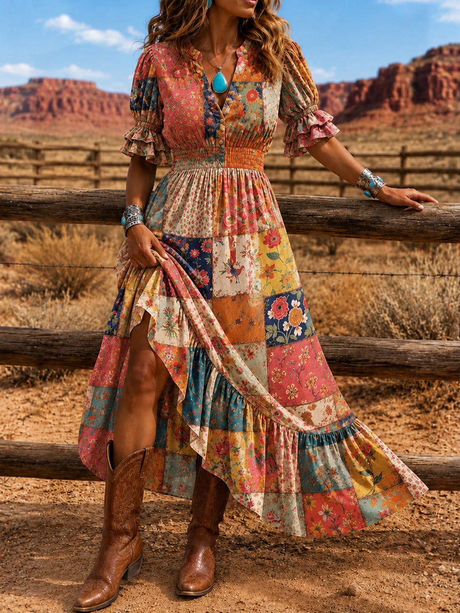Women's Retro Art Print Washed Cotton Layered Patchwork Midi Dress