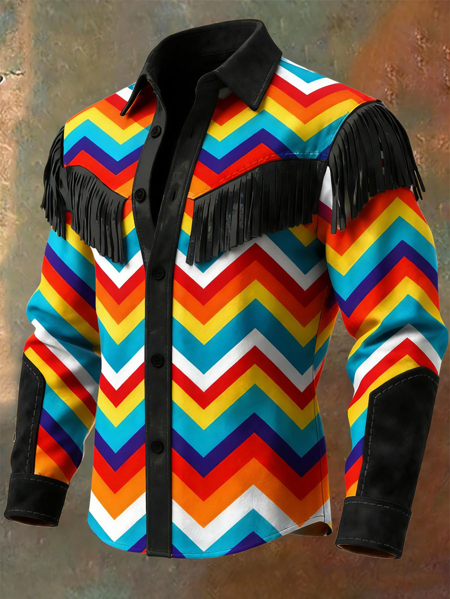 Men's Retro Western Style Art Print Vintage Tassel Casual Long Sleeve Shirt