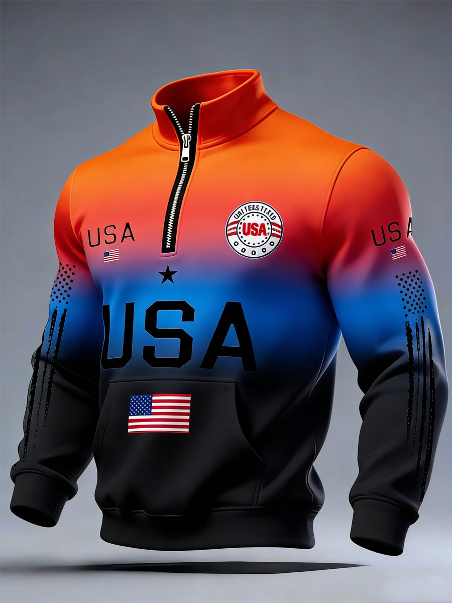 USA Flag Art Print Long Sleeve Zipper Sweatshirt