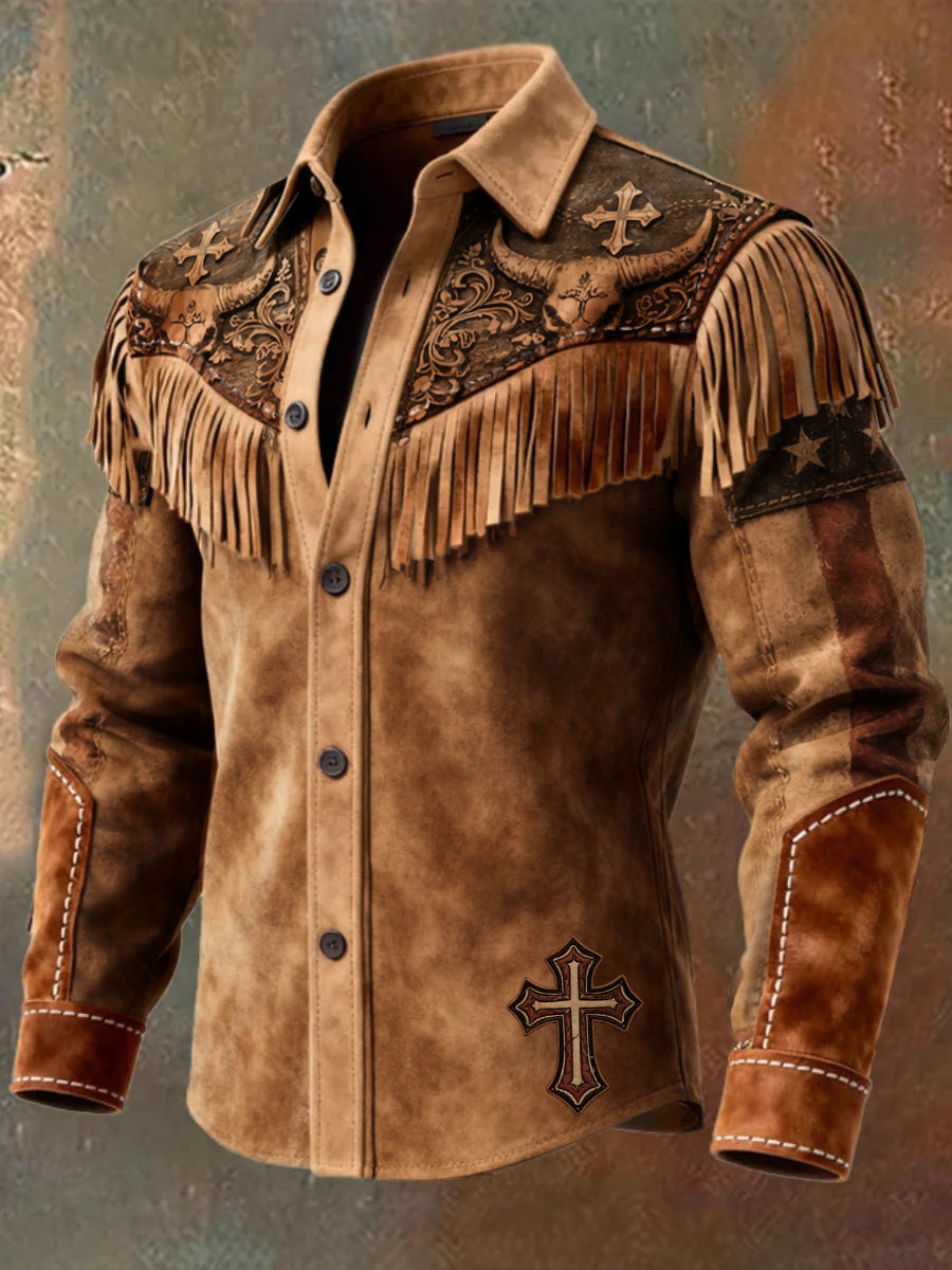 Men's Retro Western Style Art Print Vintage Tassel Casual Long Sleeve Shirt