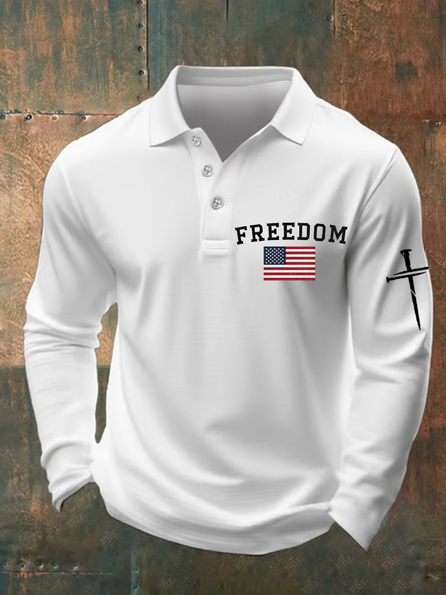 Men's Freedom American Flag Print Casual Retro V-Neck Long Sleeves Polo Shirt
