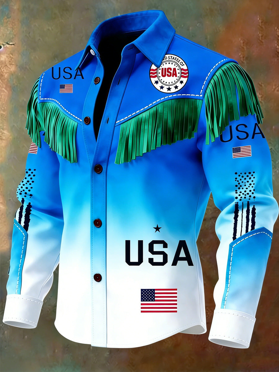 Men's Retro Western USA Flag Business Style Art Print Vintage Tassel Casual Long Sleeve Shirt
