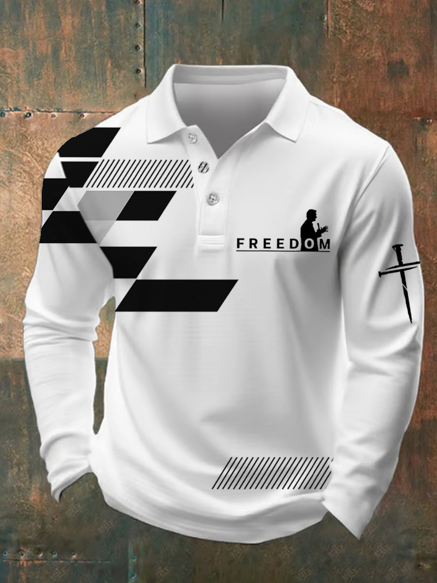 Men's Freedom American Flag Print Casual Retro V-Neck Long Sleeves Polo Shirt