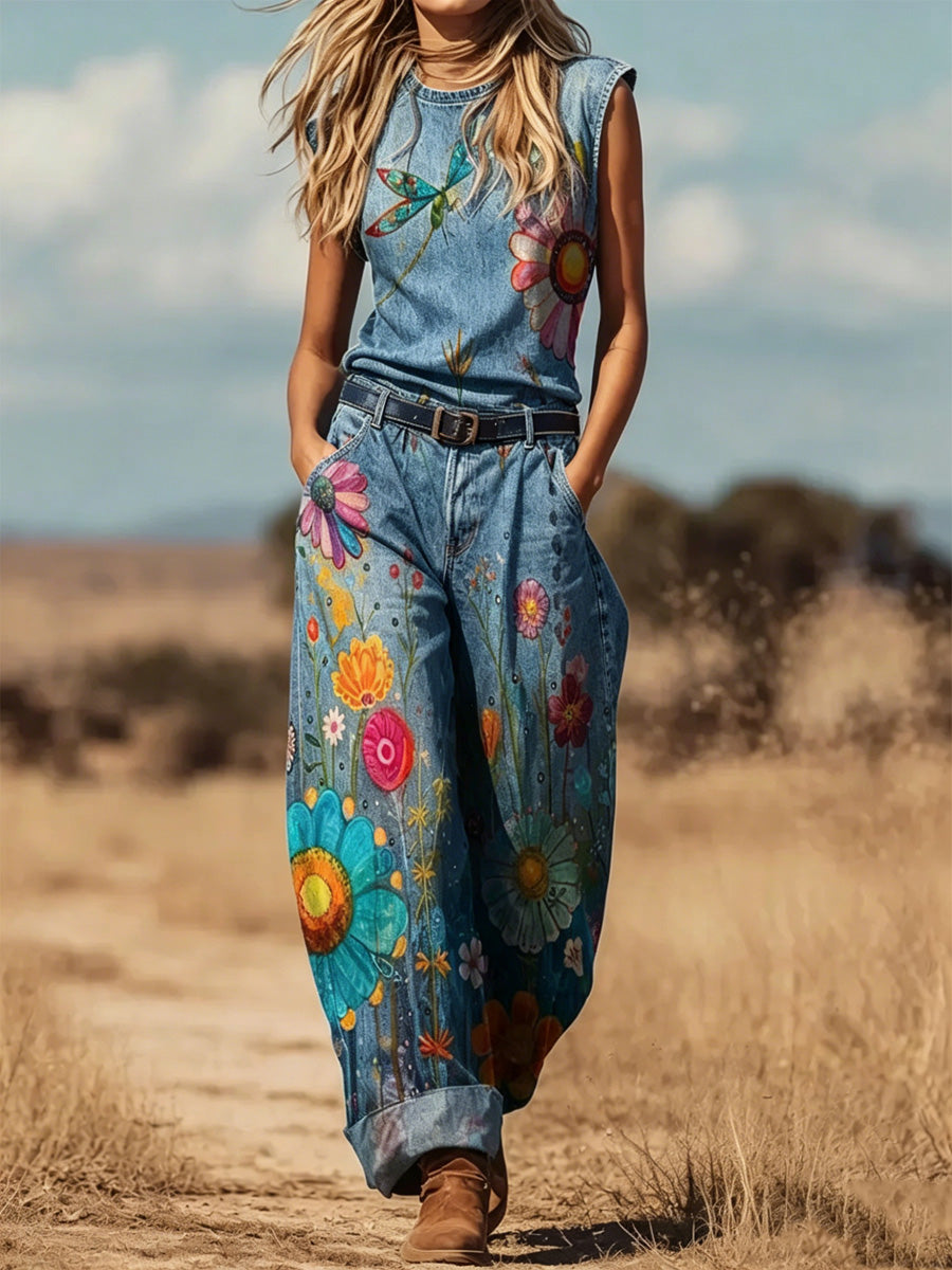 Women's Retro Floral Color-Blocked Art Print Round Neck Denim Patchwork Jumpsuit
