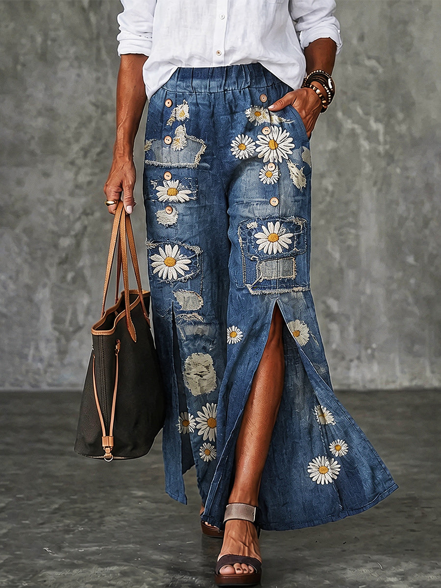 Women's Retro Art Print Button Front Wide Leg Pants