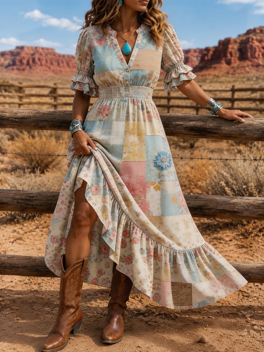 Women's Retro Art Print Washed Cotton Layered Patchwork Midi Dress