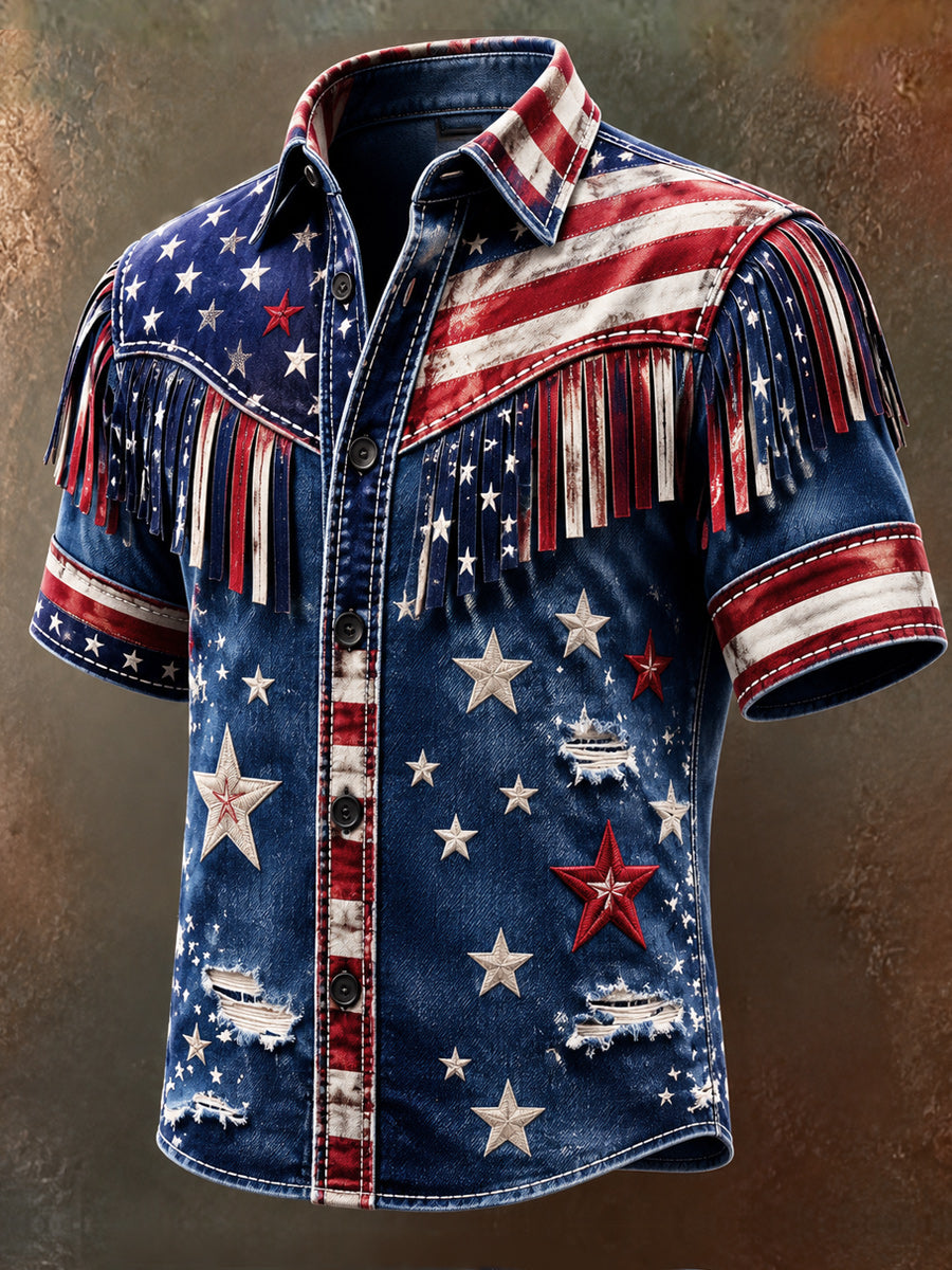 Men's Retro Style Art Printed Vintage Tassel Casual Short Sleeves Shirt