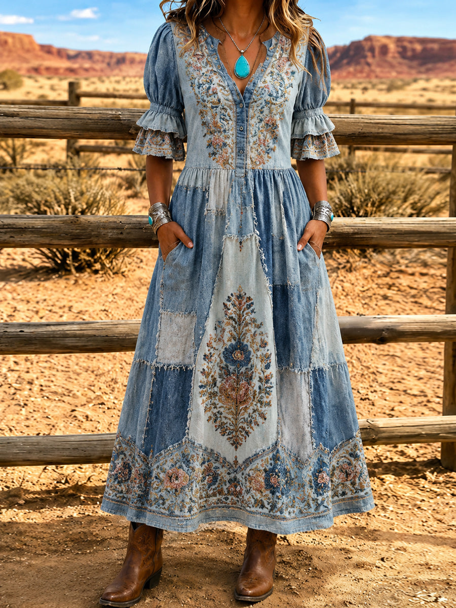 Women's Retro Art Print Washed Cotton Lace Patchwork Midi Dress