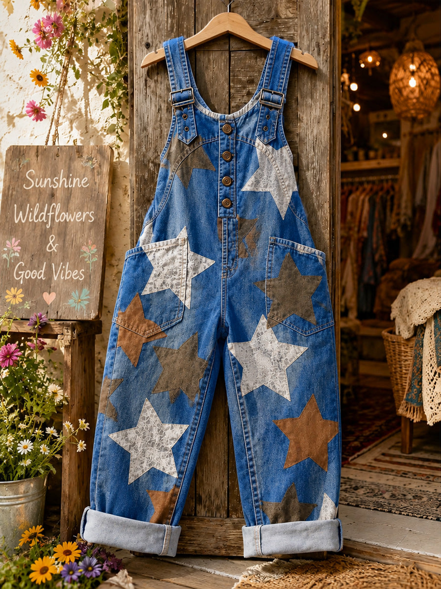 Women's Retro Style Art Print Washed Cotton Denim Patchwork Jumpsuit