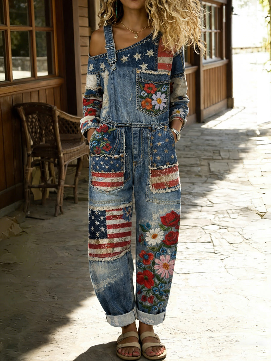 Women's Retro Floral Color-Blocked Art Print Washed Cotton Denim Patchwork Jumpsuit