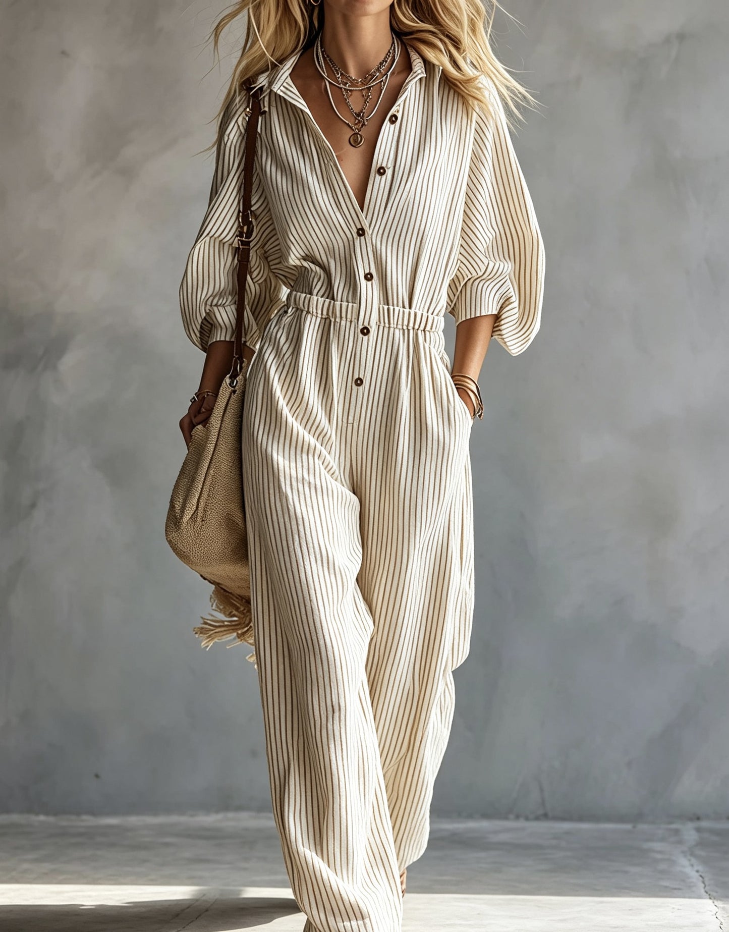 Women's Long Sleeve Striped Casual Jumpsuit