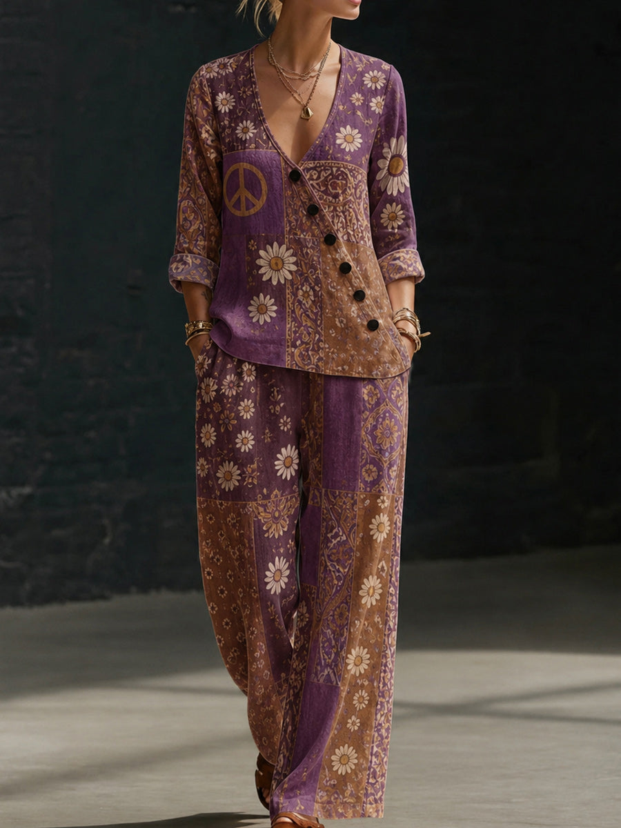 Retro Style Design Art Printed V-Neck Long-Sleeved Top And Pants Set