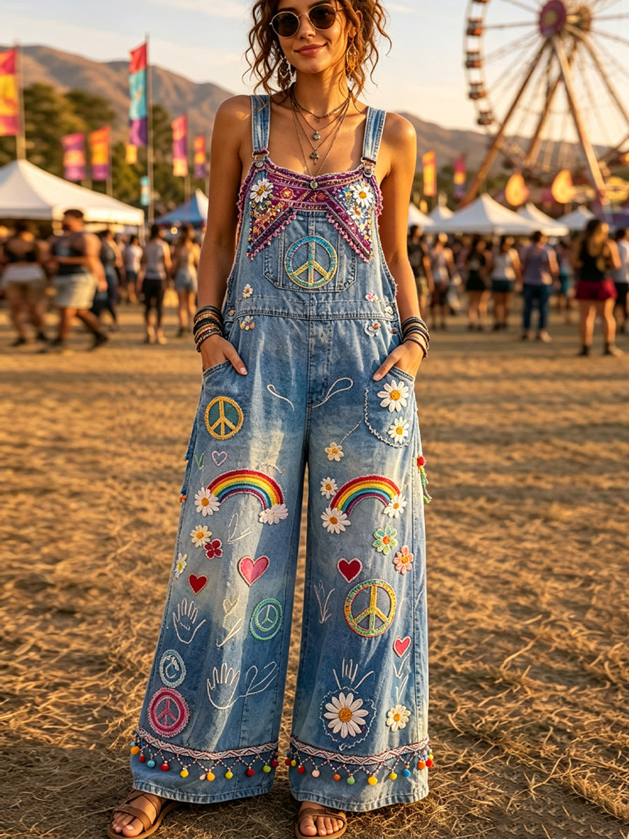 Women's Retro Style Art Print Washed Cotton Denim Patchwork Jumpsuit