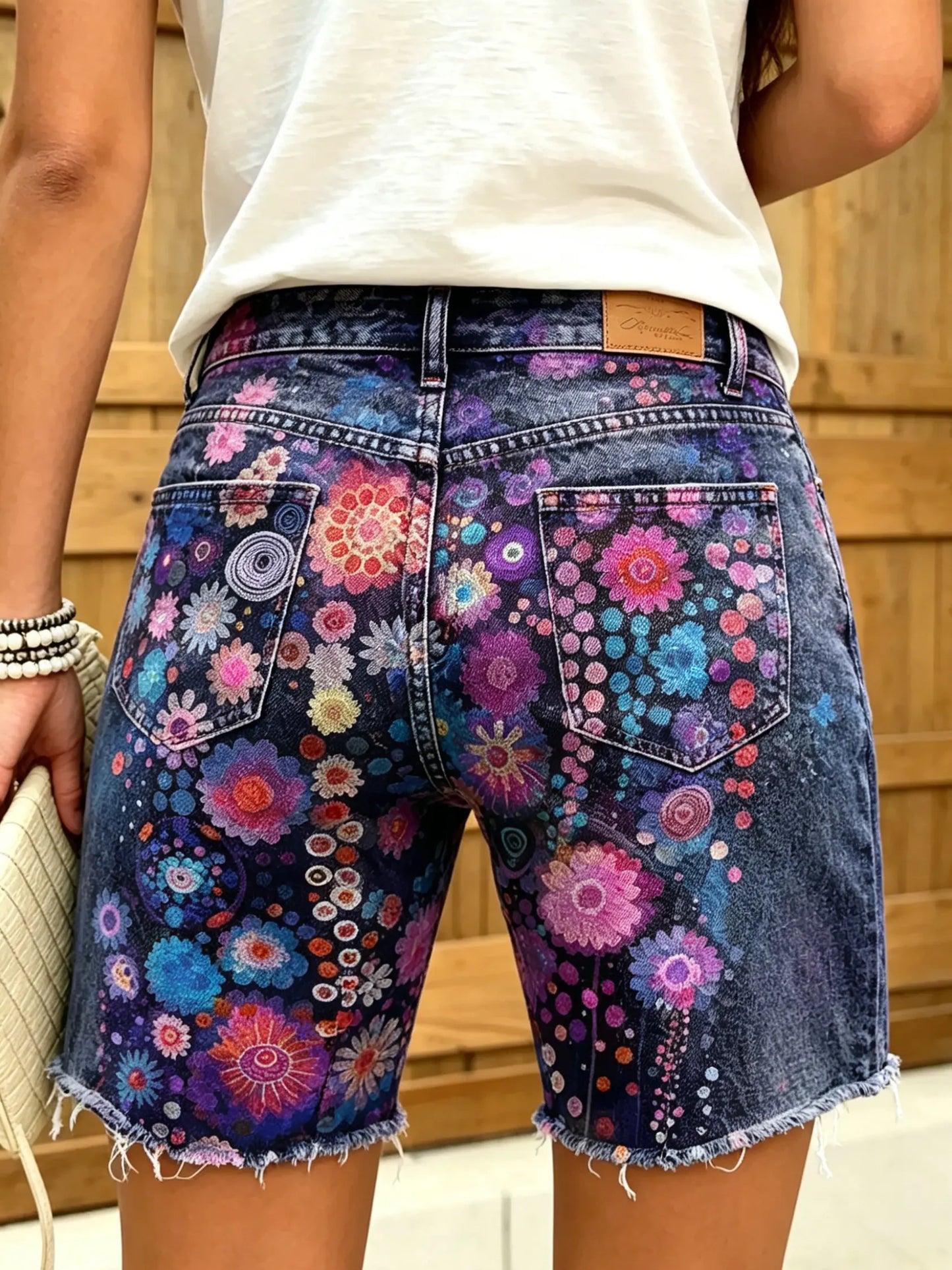 Women's Mandala Floral Print Frayed Denim Bermuda Shorts