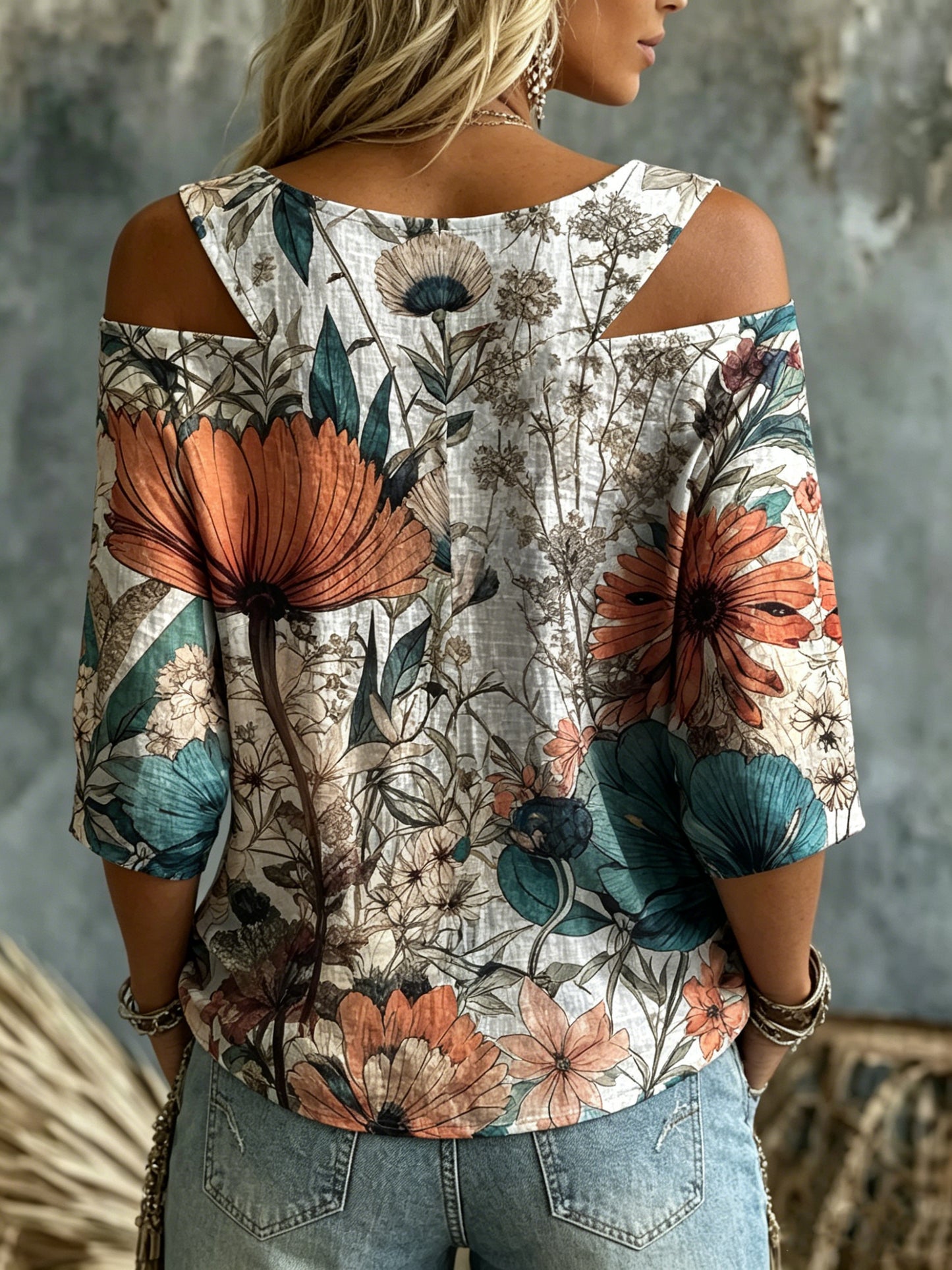 Women's Vintage Botanical Floral Print Cold Shoulder Blouse