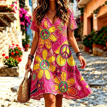 Women's Retro Bohemian Hippie Style Floral Print Dress