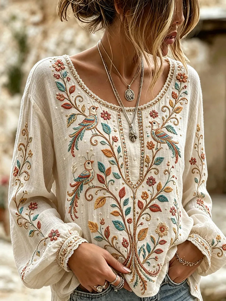 Women's Flowers And Birds Art Print Flowy Linen Blend Long Sleeve Casual Tops