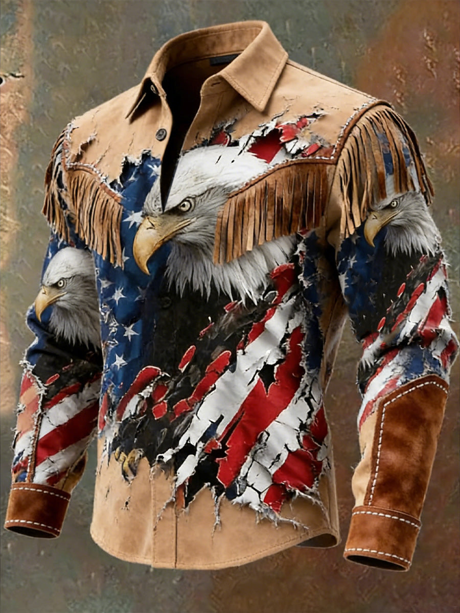 Men's Retro Western USA Flag Business Style Art Print Vintage Tassel Casual Long Sleeve Shirt