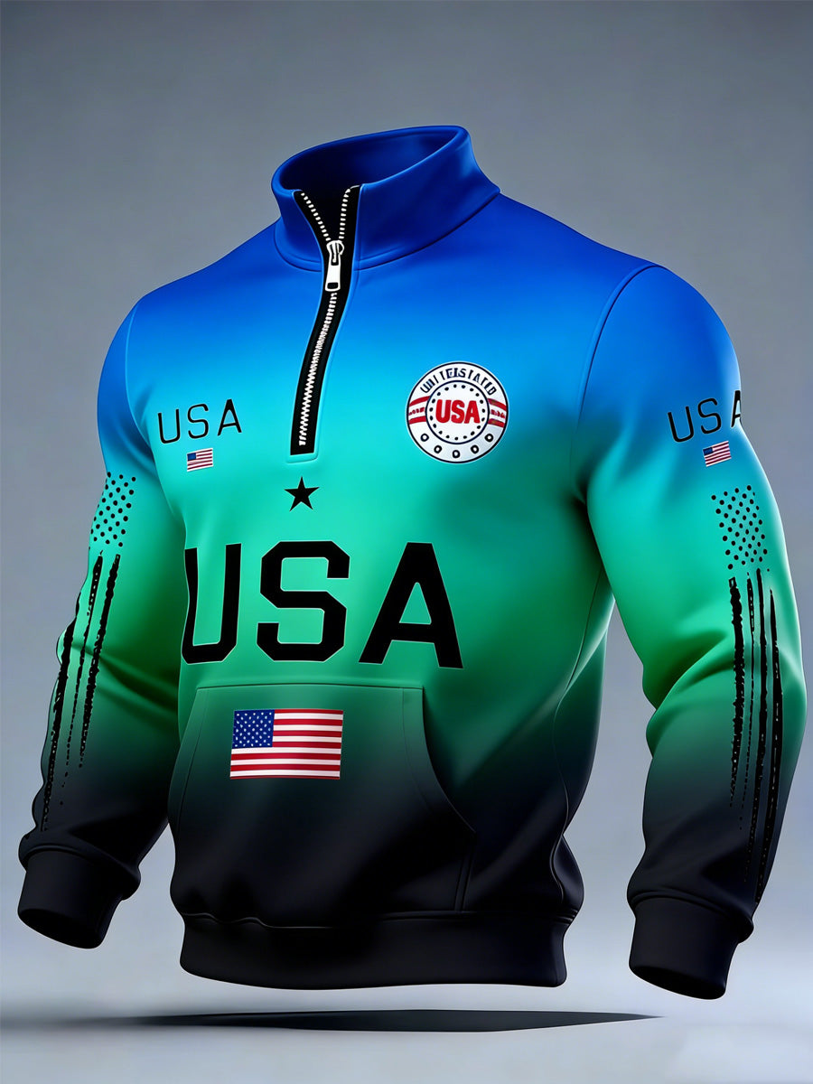 USA Flag Art Print Long Sleeve Zipper Sweatshirt