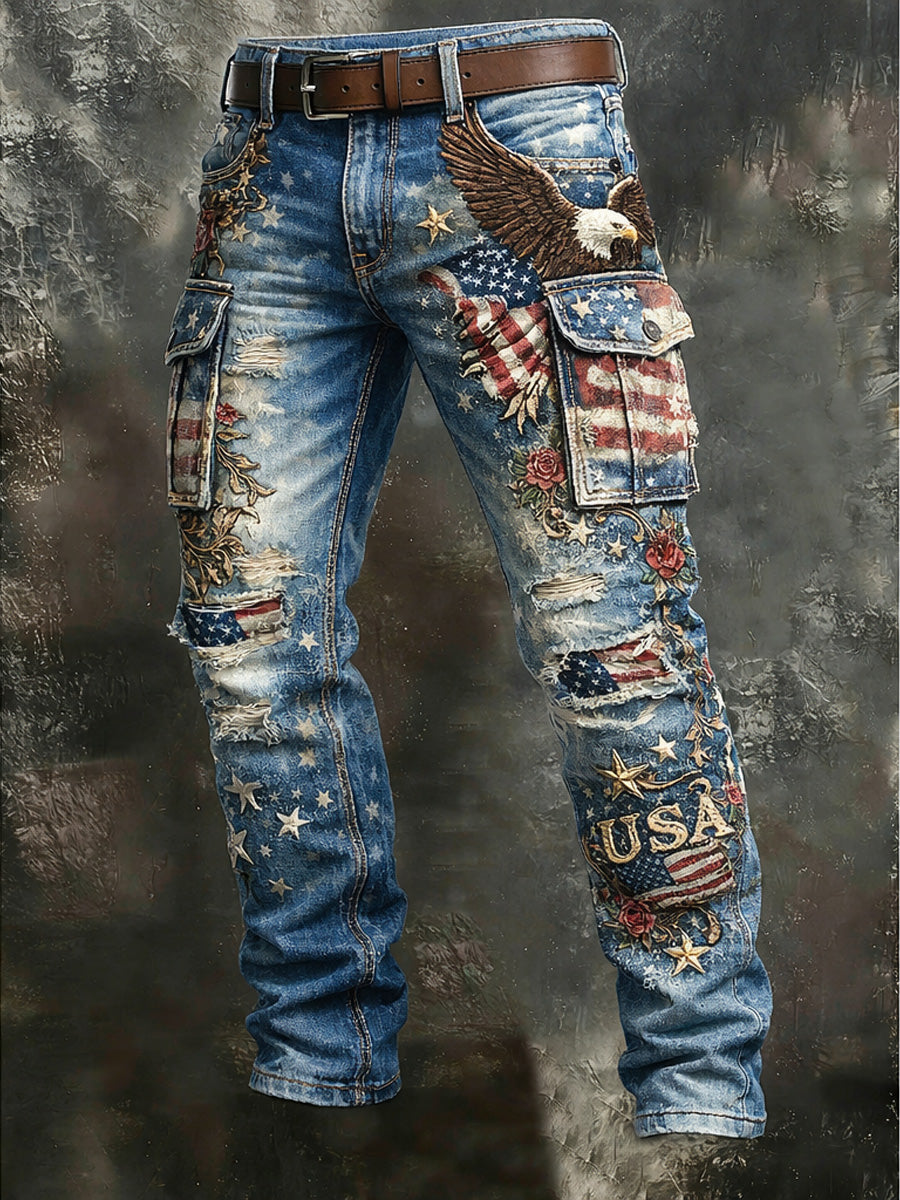 Men's Retro USA Flag Print Casual Workwear Trousers