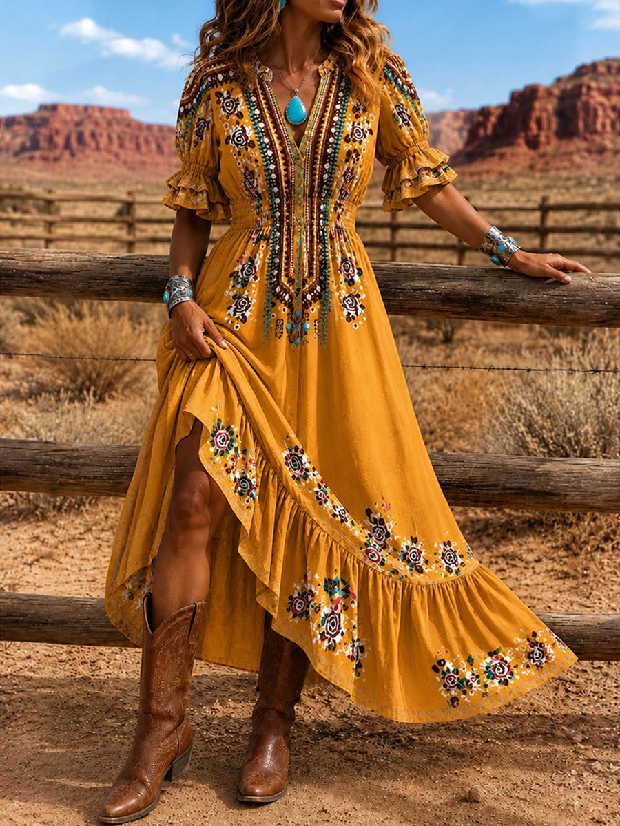 Women's Retro Art Print Washed Cotton Lace Patchwork Midi Dress