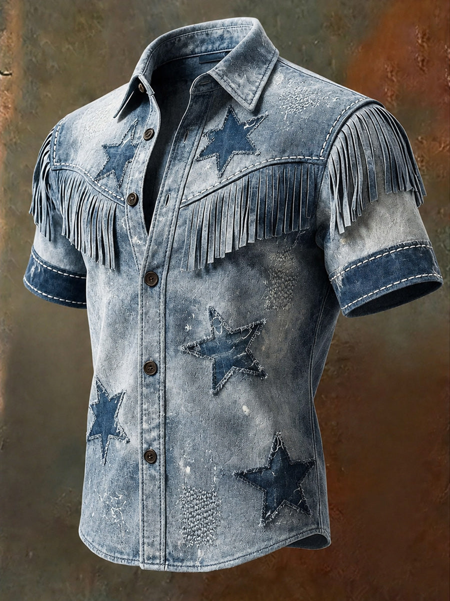 Men's Retro Style Art Printed Vintage Tassel Casual Short Sleeves Shirt