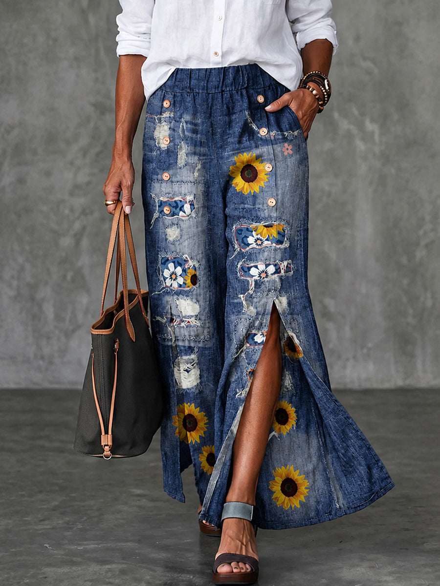 Women's Retro Art Print Button Front Wide Leg Pants