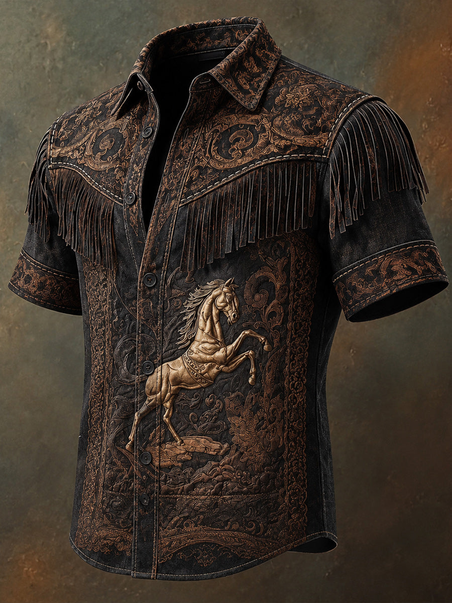 Men's Retro Style Art Printed Vintage Tassel Casual Short Sleeves Shirt