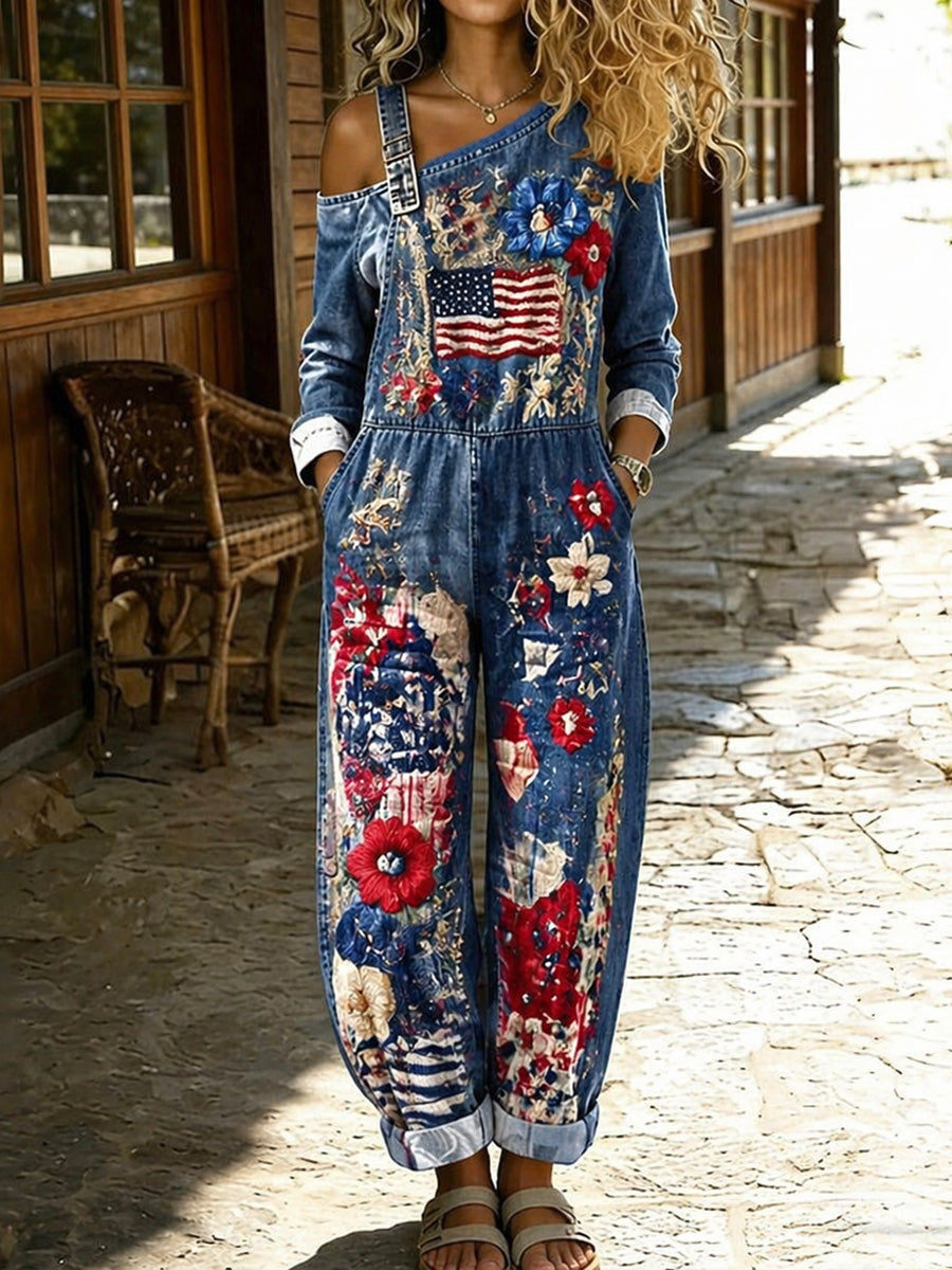 Women's Retro Style Floral Art Print Washed Cotton Denim Patchwork Jumpsuit