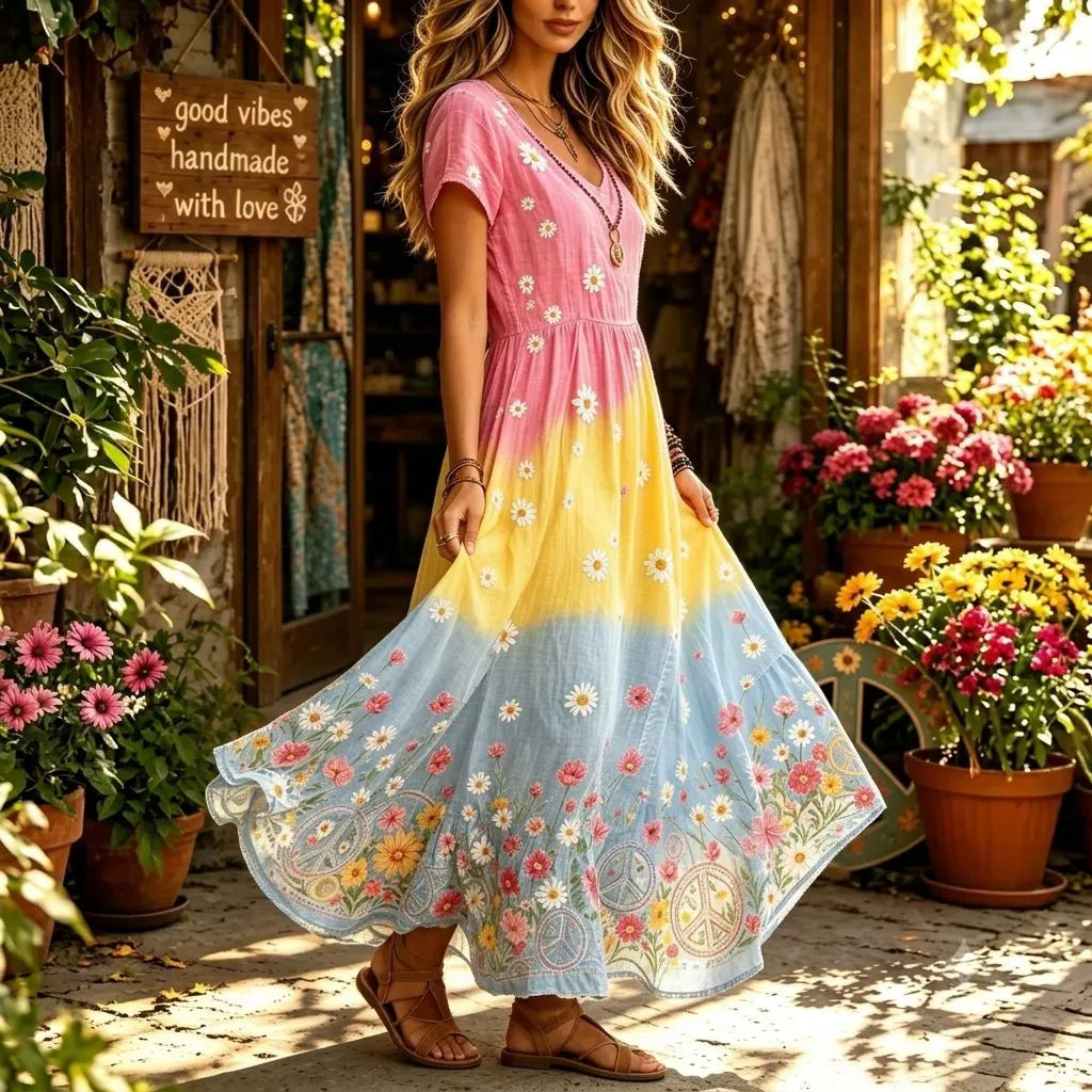 Women's Vintage Hippie Peace Floral Embroidery Art V Neck Short Sleeve Maxi Dress