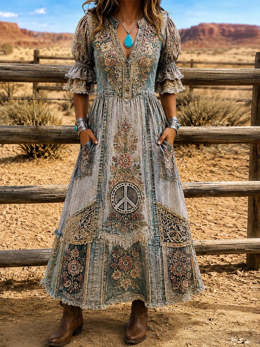 Women's Retro Art Print Washed Cotton Layered Patchwork Midi Dress
