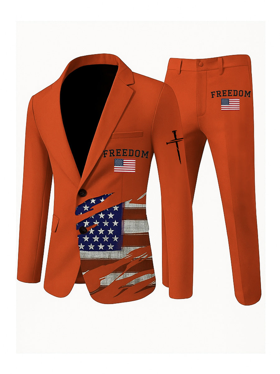 Men's Freedom American Flag Print Casual Jacket Trousers Two-Piece Suits
