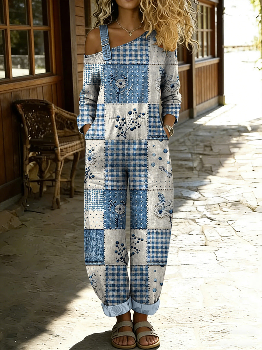 Women's Retro Style Floral Art Print Washed Cotton Denim Patchwork Jumpsuit