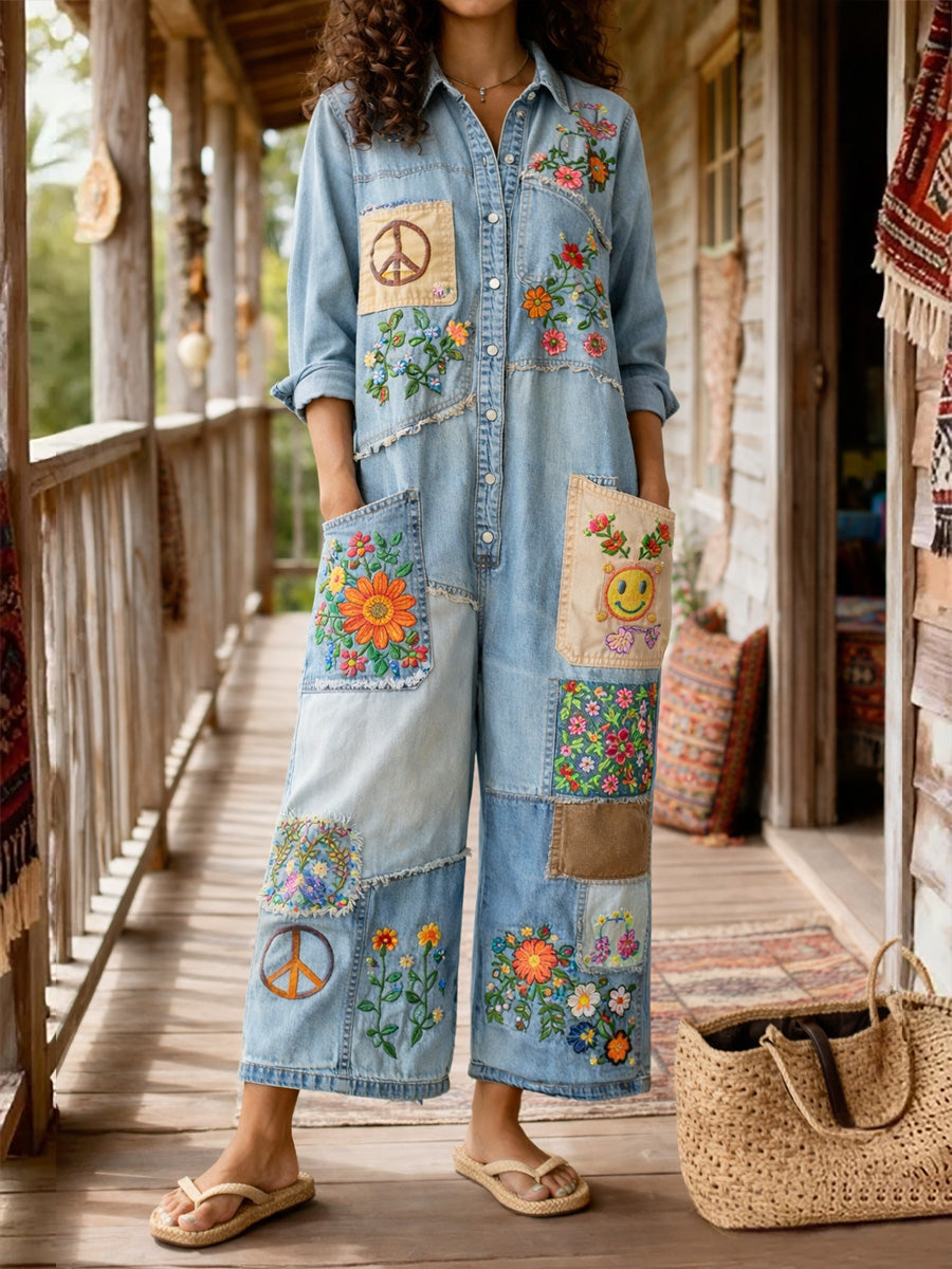 Women's Retro Floral Color-Blocked Art Print Long Sleeves Patchwork Jumpsuit