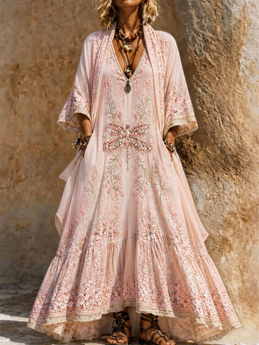 Retro Style Art Printed Vintage Camisole Dress Long Sleeve Two-Piece Maxi Dress