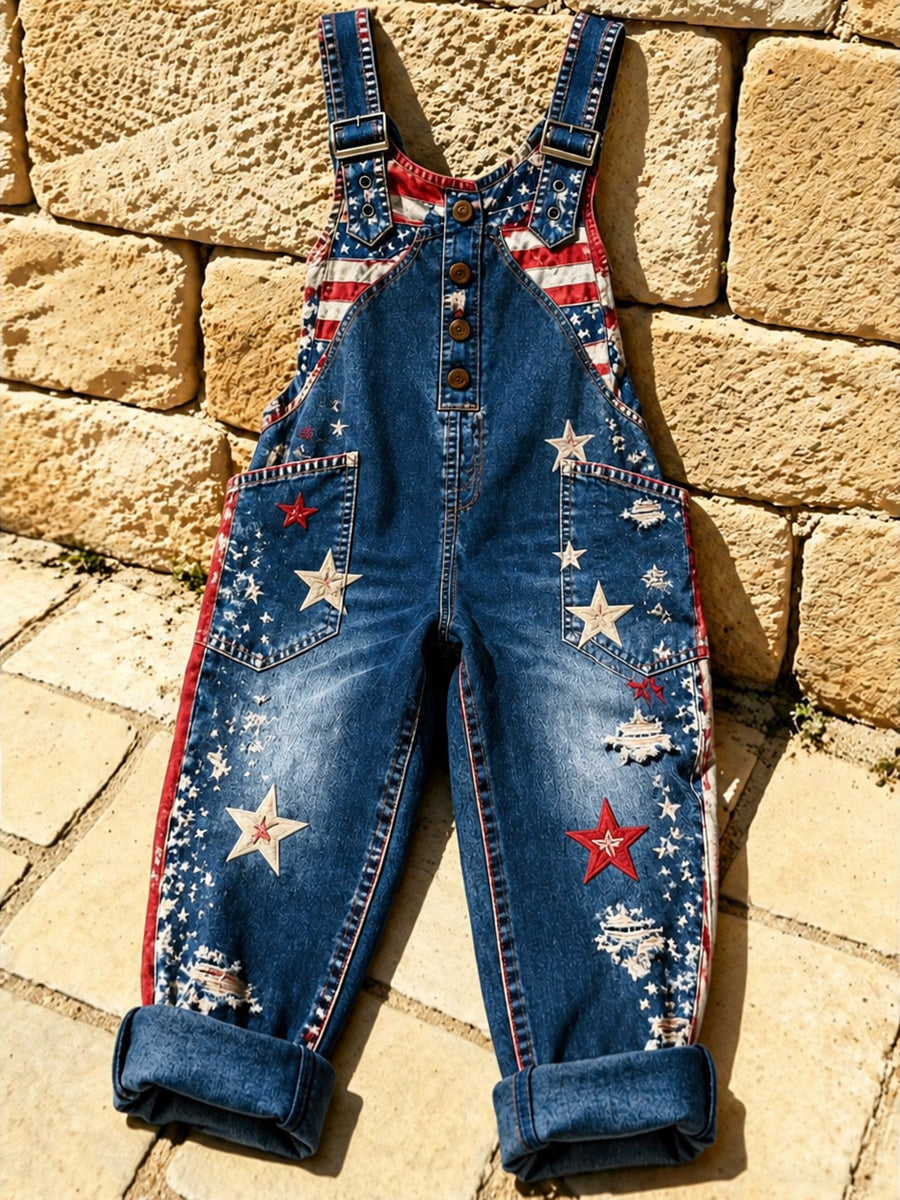 Women's Retro Style Art Print Washed Cotton Denim Patchwork Jumpsuit