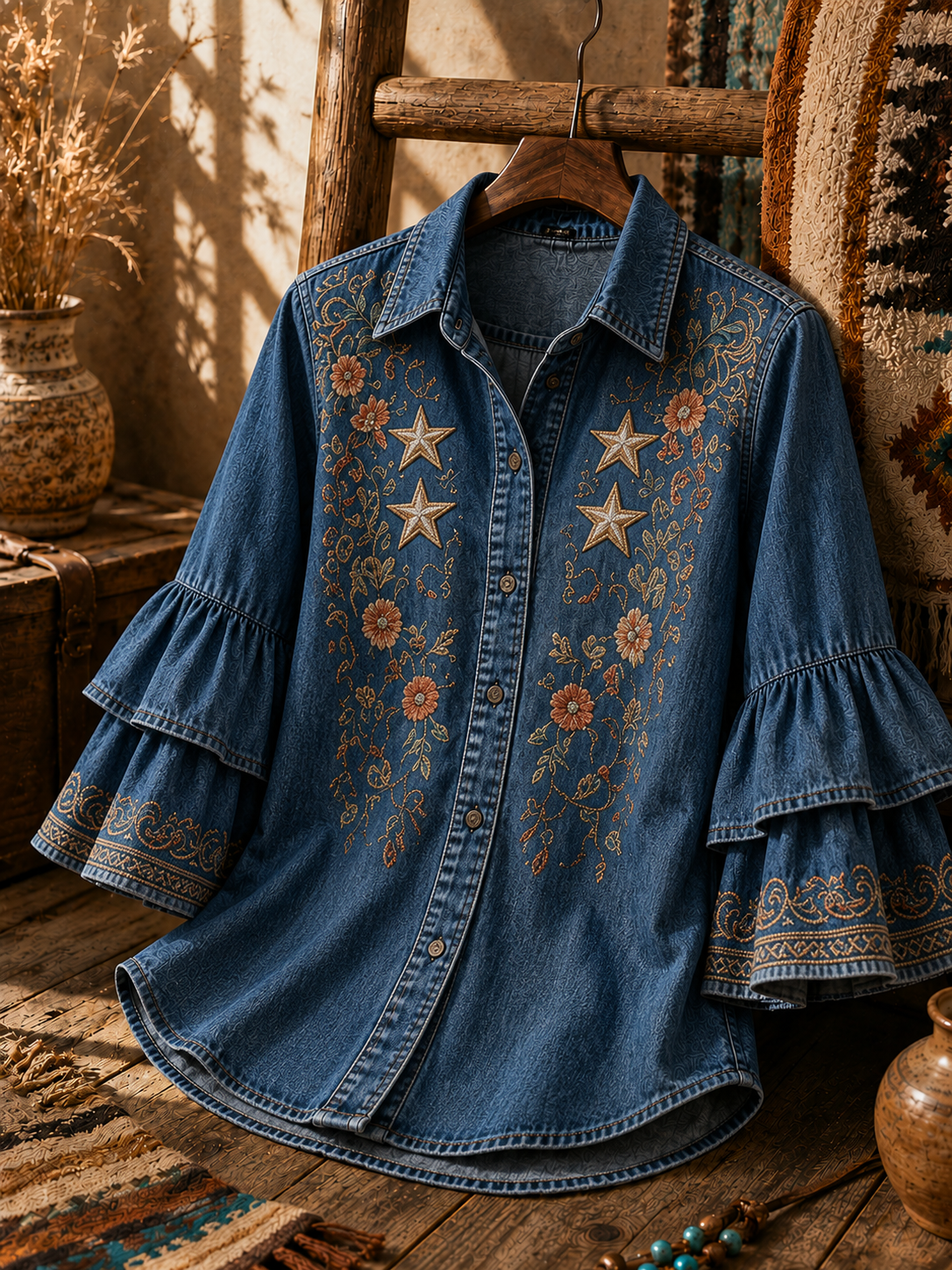 Women's Western Star Floral Embroidered Ruffle Sleeve Shirt