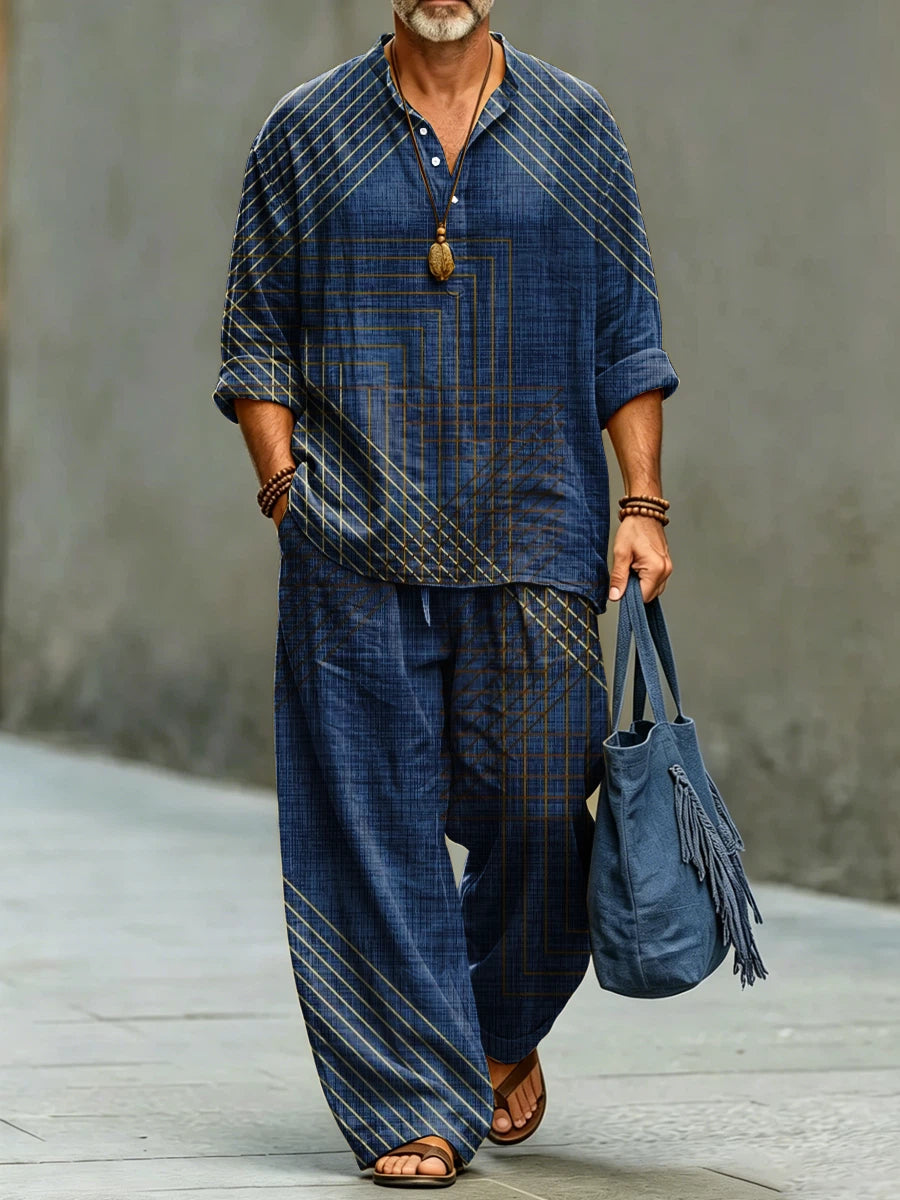 Men's Fashionable Stripe Art Print Cotton Shirt Set