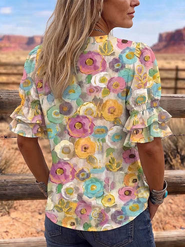 Vintage Art Print Comfortable Summer Fabrics Puff Sleeve Casual Shirt