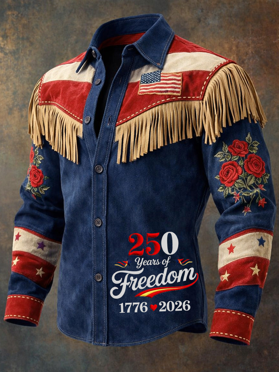 Men's Retro USA Flag Art Print Western Vintage Tassel Casual Long Sleeve Shirt