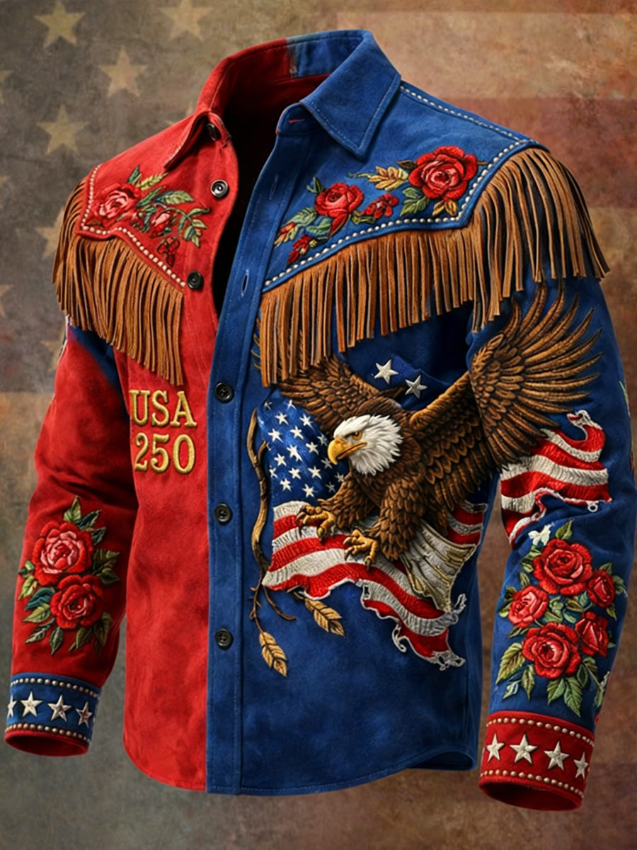 Men's Retro U.S 250 American Eagle Print Western Vintage Tassel Casual Long Sleeve Shirt